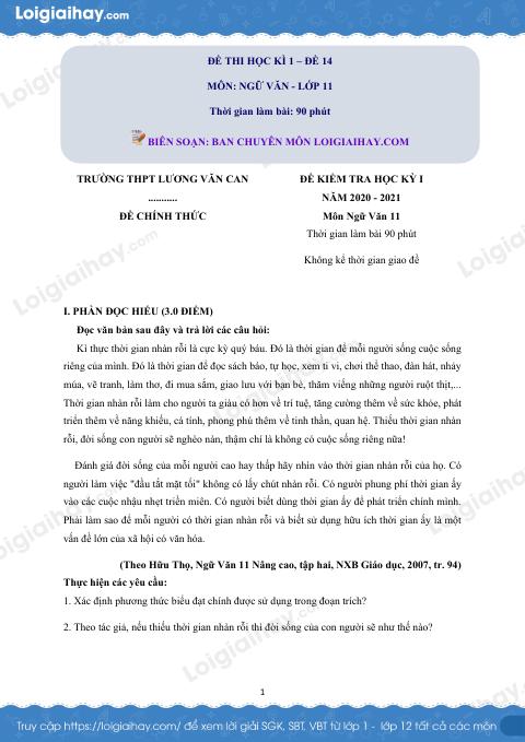 Đề thi học kì 1 môn Ngữ văn lớp 11 trường THPT Lương Văn Can